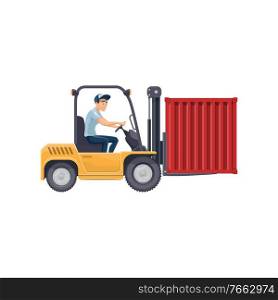 Forklift truck with driver vector isolated icon. Warehouse worker loading container with fork extensions. Warehouse worker in forklift truck