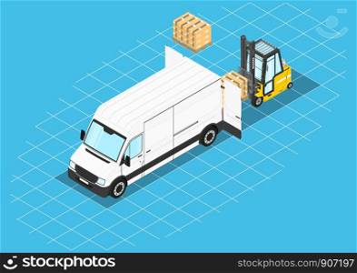 Forklift unloading cargo from the van. Isometric view. Flat vector.