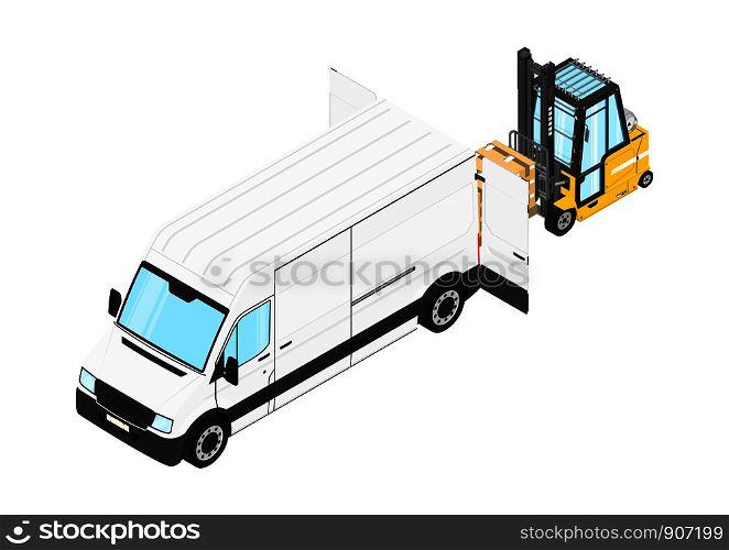Forklift unloading cargo from the van. Isometric view. Flat vector.