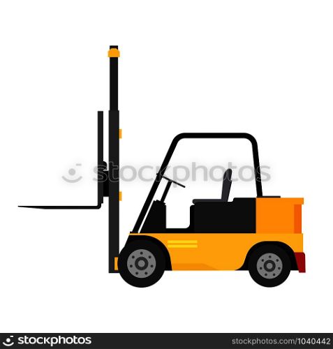 Forklift vector cargo truck side view delivery illustration equipment warehouse. Lift loader industry distribution vehicle icon. Yellow machine isolated logistic factory. Heavy shipment container
