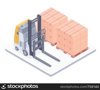 Forklift with boxes on pallets isolated on white background. Electric forklift standing in warehouse near the boxes on pallets vector isometric illustration.. Forklift with boxes on pallets isometric illustration