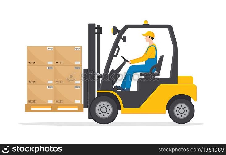 Forklift with driver. Forklift truck with man of driving. Fork lift with pallet on warehouse. Flat cartoon illustration. Icon of worker on machine in warehouse with box, cargo and package. Vector.. Forklift with driver. Forklift truck with man of driving. Fork lift with pallet on warehouse. Flat cartoon illustration. Icon of worker on machine in warehouse with box, cargo and package. Vector