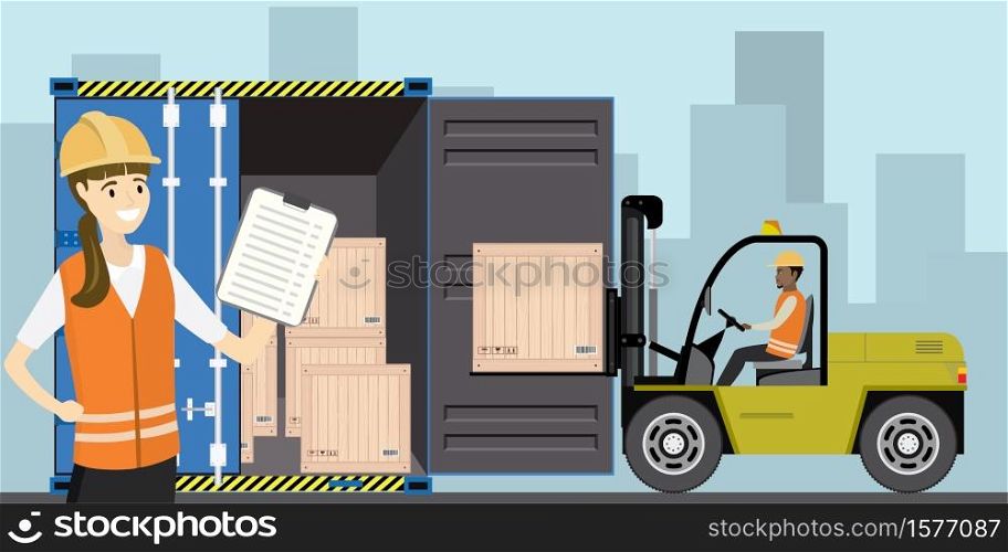 Forklift working with cargo container and product wooden boxes,happy warehouse employees,flat vector illustration.. Forklift working with cargo container and product wooden boxes.