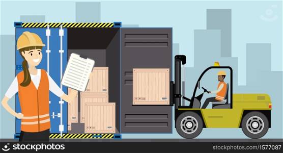 Forklift working with cargo container and product wooden boxes,happy warehouse employees,flat vector illustration.. Forklift working with cargo container and product wooden boxes.