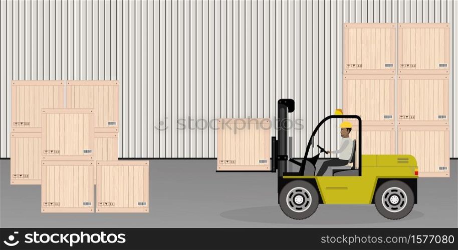 Forklift working with cargo container and product wooden boxes,warehouse employees,flat vector illustration. Forklift working with cargo container and product wooden boxes