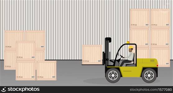 Forklift working with cargo container and product wooden boxes,warehouse employees,flat vector illustration. Forklift working with cargo container and product wooden boxes