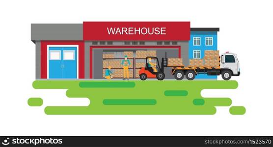 Forklift working with cargo container and truck with warehouse building background, freight transportation, shipment and logistics vector illustration.