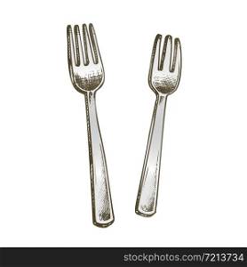 Forks Metallic Meal Kitchenware Color Vector. Stainless Dinner Forks Dishware. Metal Mealtime Restaurant Utensil Engraving Template Hand Drawn In Vintage Style Illustration. Forks Metallic Meal Kitchenware Color Vector