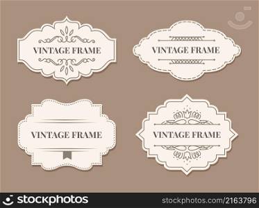 Form tag frame for text and decoration banner. Vector stickers ornate for certificate, wedding premium vintage invitation illustration. Form tag frame for text and decoration banner