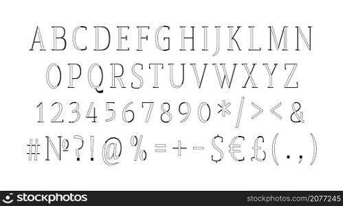 Formal classic line style alphabet set. Vector decorative typography. Decorative typeset style. Latin script for headers. Trendy letters and numbers for graphic posters, banners, invitations texts. Formal classic line style alphabet set