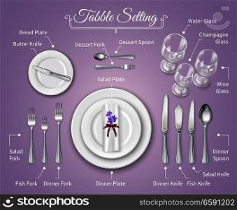 Formal dinner place setting infographics background with flatware on rose tablecloth realistic vector illustration. Formal Dinner Place Setting Infographics