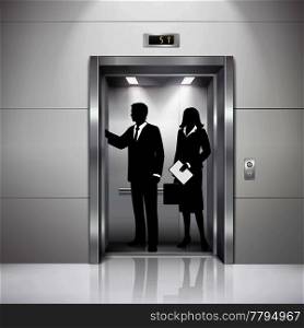Formally dressed man and woman silhouettes in realistic business center elevator image with lights shadows reflection vector illustration . Man Woman Silhouettes Realistic Black White Image