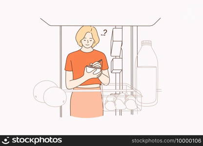 Forming shopping list for supermarket concept. Young smiling woman standing checking refrigerator and making shopping list before going to grocery store vector illustration . Forming shopping list for supermarket concept