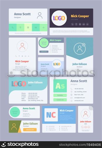 Forms for email signature. Business card for email authors emailer designs web ui garish vector template. Email signature, mail business profile illustration. Forms for email signature. Business card for email authors emailer designs web ui garish vector template