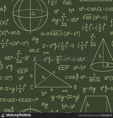 Formula pattern. Math or geometry formulas with letters and numbers graph and complex scientific diagrams for trigonometry vector seamless background. Illustration school science formula, math pattern. Formula pattern. Math or geometry formulas with letters and numbers graphs and symbols complex scientific diagrams for trigonometry garish vector seamless background