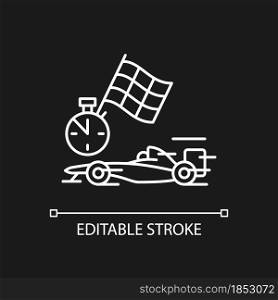 Formula racing white linear icon for dark theme. Driving single-seater car. Motor sport. Thin line customizable illustration. Isolated vector contour symbol for night mode. Editable stroke. Formula racing white linear icon for dark theme