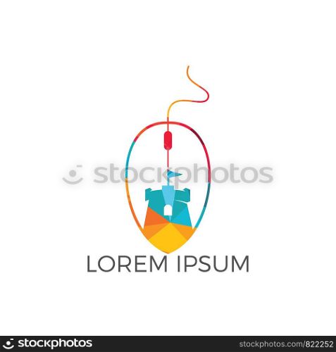 Fort and mouse vector logo design. Tower and cursor symbol or icon. Unique fortress and digital logotype design template.