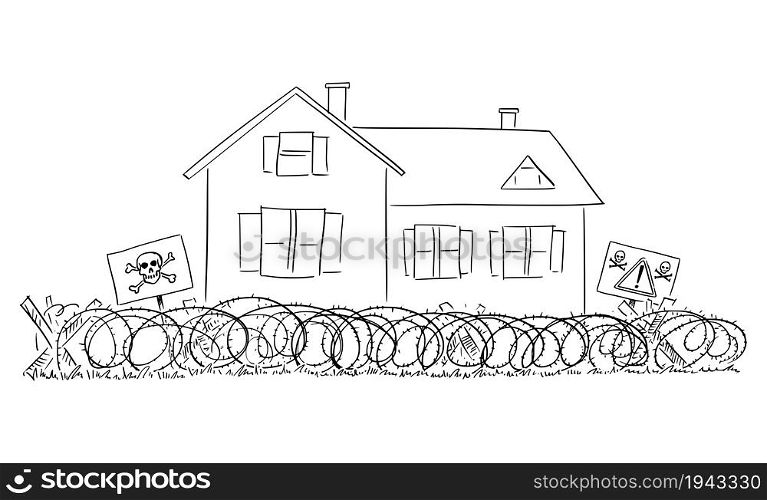 Fortified family house surrounded by barbed wire, concept of crime, home and security, vector cartoon illustration.. Fortified Family House, Home, Crime and Security Concept , Vector Cartoon Illustration