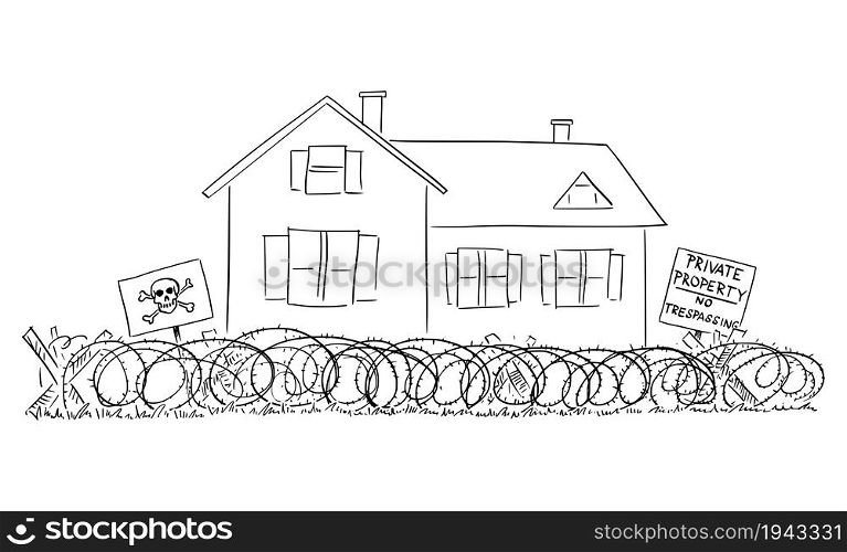 Fortified family house surrounded by barbed wire, concept of crime, home and security, vector cartoon illustration.. Fortified Family House, Home, Crime and Security Concept , Vector Cartoon Illustration