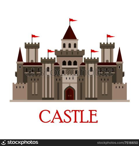 Fortified medieval roman castle in gray colors with arched windows and red flags on turrets, surrounded by curtain walls with corner towers and gatehouse with wooden gate. Flat style. Gray medieval castle with turrets