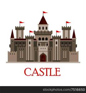 Fortified medieval roman castle in gray colors with arched windows and red flags on turrets, surrounded by curtain walls with corner towers and gatehouse with wooden gate. Flat style. Gray medieval castle with turrets