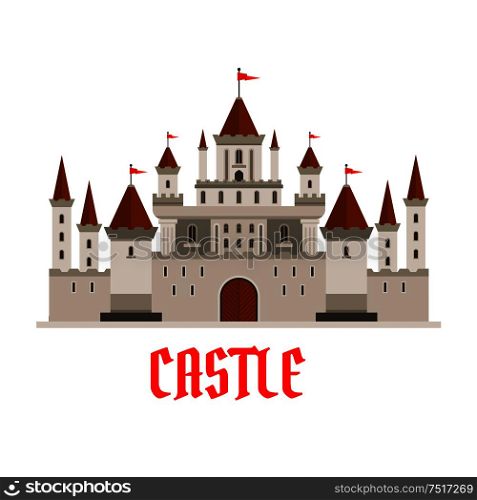 Fortified victorian medieval castle symbol for architecture, adventure and fairy tale design usage with elegant main keep with red flags on turrets, guarded by walls with battlements and watchtowers. Fortified castle icon with flags and watchtowers