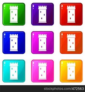Fortress tower icons of 9 color set isolated vector illustration. Fortress tower icons 9 set