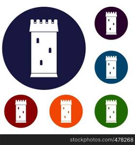 Fortress tower icons set in flat circle red, blue and green color for web. Fortress tower icons set
