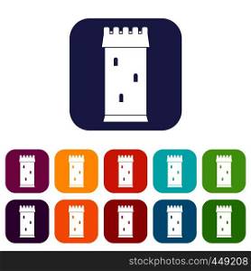 Fortress tower icons set vector illustration in flat style In colors red, blue, green and other. Fortress tower icons set flat