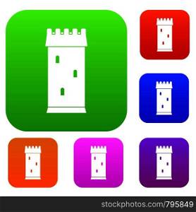 Fortress tower set icon color in flat style isolated on white. Collection sings vector illustration. Fortress tower set color collection