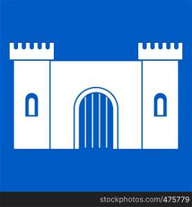 Fortress with gate icon white isolated on blue background vector illustration. Fortress with gate icon white