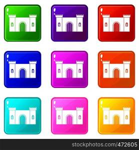 Fortress with gate icons of 9 color set isolated vector illustration. Fortress with gate icons 9 set