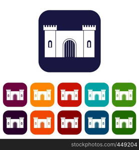 Fortress with gate icons set vector illustration in flat style In colors red, blue, green and other. Fortress with gate icons set flat