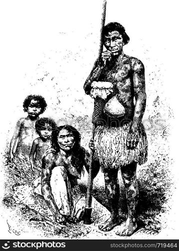 Fortunato and his Family, in Amazonas, Brazil, drawing by Riou from a photograph, vintage engraved illustration. Le Tour du Monde, Travel Journal, 1881