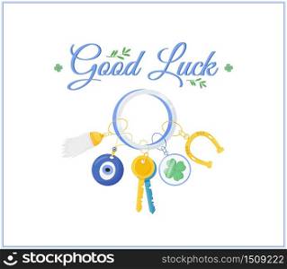 Fortune amulets social media post mockup. Good luck phrase. Web banner design template. Superstitions, common beliefs booster, content layout with inscription. Poster, print ads and flat illustration