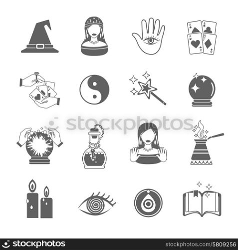 Fortune and future teller black icon set with magic symbols isolated vector illustration. Fortune Teller Icon Set