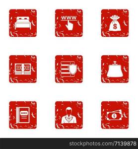 Fortune cash icons set. Grunge set of 9 fortune cash vector icons for web isolated on white background. Fortune cash icons set, grunge style