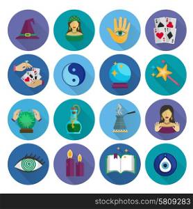 Fortune teller and future prediction icons long shadow flat set isolated vector illustration. Fortune Teller Icons Flat