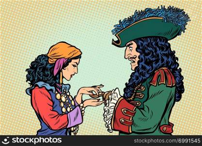 fortune teller and pirate with a hook. Pop art retro vector illustration vintage kitsch. fortune teller and pirate with a hook