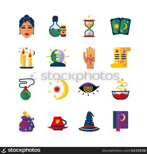 Fortune Teller Attributes Flat Icons Set . Fortune teller hand palm and card reader woman magic attributes flat icons collection abstract isolated vector illustration