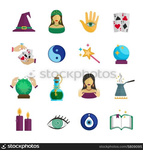 Fortune teller magician and paranormal symbols icon flat set isolated vector illustration. Fortune Teller Icon Flat