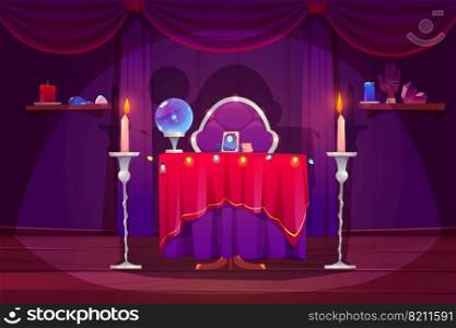 Fortune teller room with magic ball and tarot cards on table with red cloth. Vector cartoon interior of magician room with occult accessories for fate prediction, crystal, palmistry hand and candles. Fortune teller room with magic ball, tarot cards