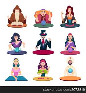 Fortune tellers with magic balls. Gypsy crystal balls and cards fairytale characters exact vector cartoon pictures. Magic fortune teller, magician alchemy illustration. Fortune tellers with magic balls. Gypsy crystal balls and cards fairytale characters exact vector cartoon pictures