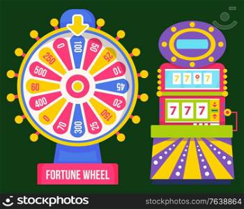 Fortune wheel and gambling machine, 777 jackpot. Vector gambling game equipment, winning money in casino. Business and entertainment, symbol of success, lottery and lucky object, roulette of luck. Gambling Machine, Roulette Symbol, Casino Vector