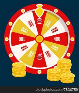 Fortune wheel and golden coins, casino gambling game poster with prize combinations and stacks of earned money. Betting and risk concept, hobby leisure. Vector illustration in flat cartoon style. Fortune Wheel, Golden Coins, Casino Gambling Game