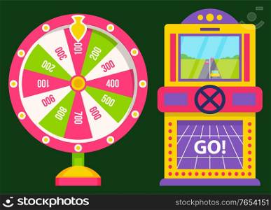 Fortune wheel and race machine on green color, gambling entertainment with numbers. Go board, racing of car, risk and win element, spin circle. Business success, winning money, jackpot sign vector. Gambling Machine, Race and Fortune Game Vector