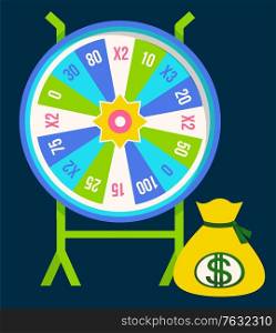 Fortune wheel and sum of money in bag, isolated spinning roulette with prize amounts and sack with dollar sign. Gambling in casino. Vector illustration in flat cartoon style. Fortune Wheel Gambling Game Spinning Slots Segment