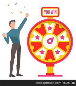 Fortune wheel and win, man winner and confetti vector. Money or prize, guy in winning pose and color cirle or roulette, opportunity and luck, victory. Wheel with text you win. Man celebrate jackpot. Win and Fortune Wheel, Man Winner and Confetti