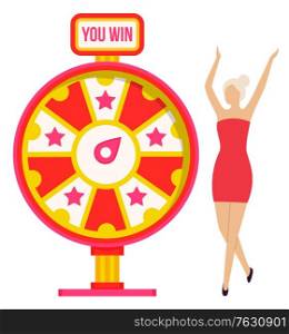 Fortune wheel and win, woman winner with raised hands. Money or prize, girl in winning pose and color cirle or roulette, opportunity and luck. Vector illustration in flat cartoon style. Winner and Fortune Wheel, Girl and Game of Luck
