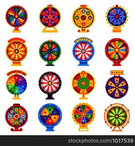 Fortune wheel. Betting wheels, lucky spin bankrupt or winner and bet roulette chance jackpot lottery, risk opportunity money bet spinning casino game flat vector isolated icons set. Fortune wheel. Betting wheels, lucky spin bankrupt or winner and bet roulette flat vector set
